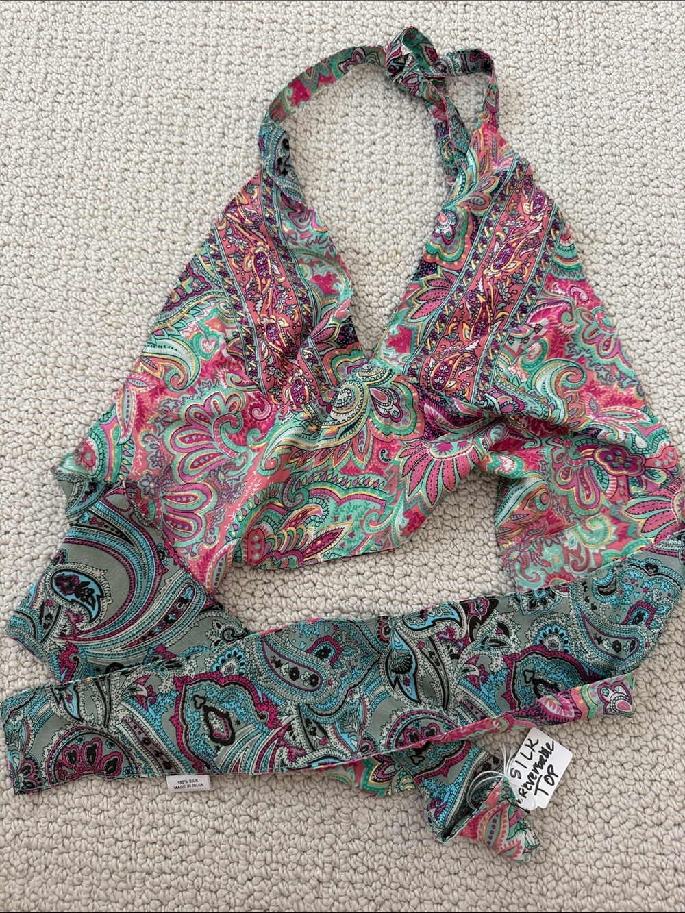 Women's Paisley Indian Silk reversible Halter Top in Pink and Teal - Brand: